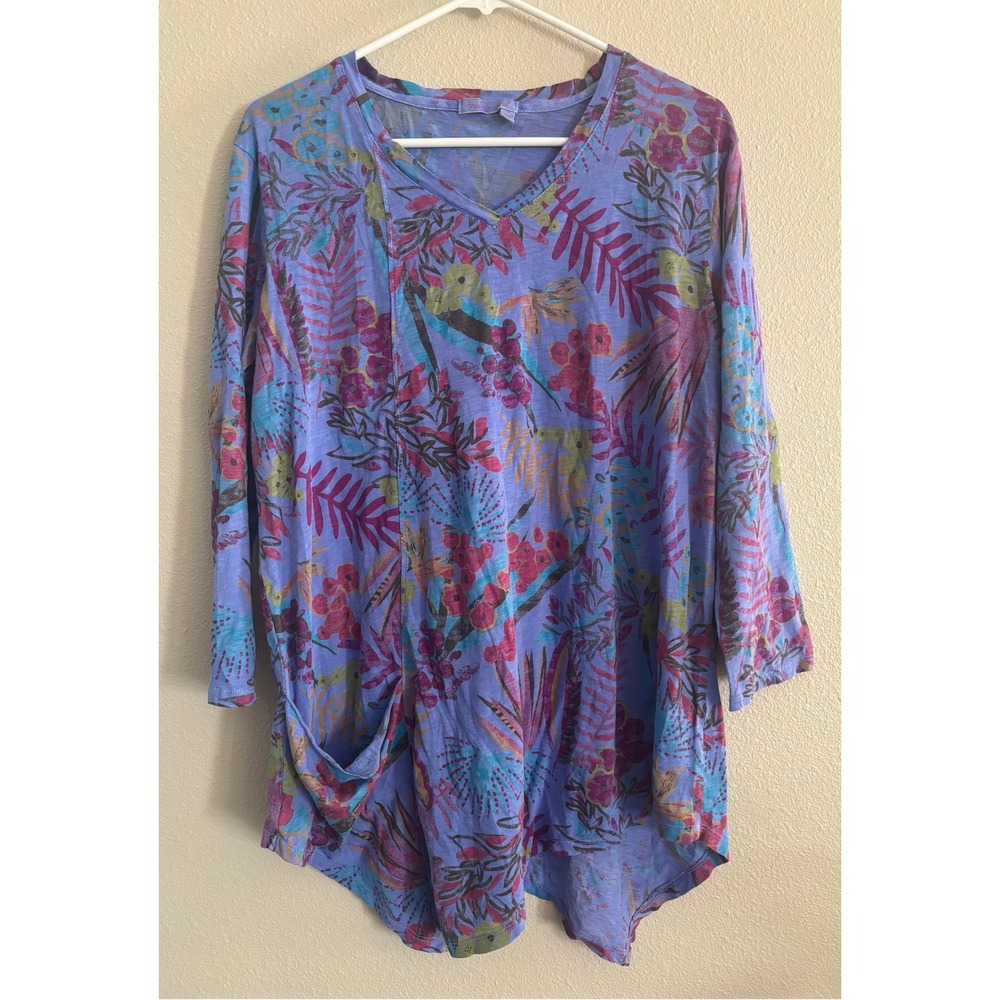 Fresh Produce Top Womens Size Medium Tunic 3/4 Sleeve Purple Floral Resortwear